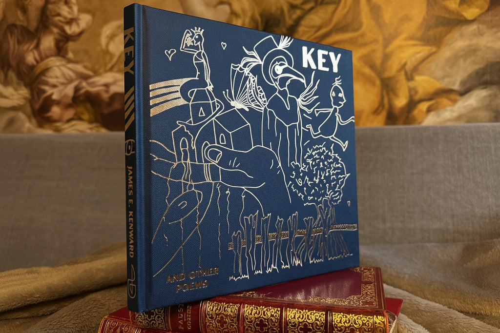 A modern hardcover book in Paris-blue titled "KEY", by James E. Kenward, stands on top of two antique books against a fabric backdrop with classical artwork.