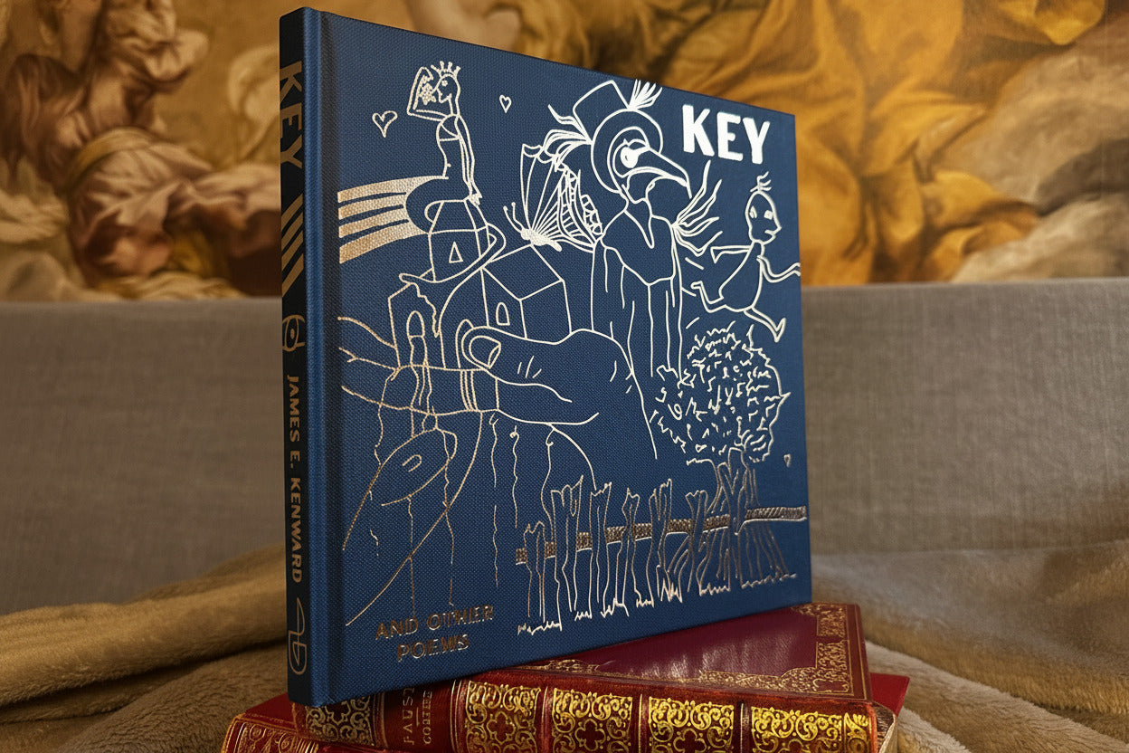 A modern hardcover book in Paris-blue titled "KEY", by James E. Kenward, stands on top of two antique books against a fabric backdrop with classical artwork.