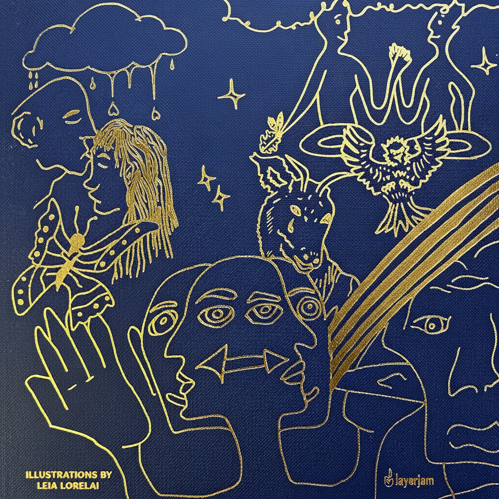 The rear of a book in Paris-blue, embossed ruby-gold, with art illustrations inspired by the poems within, including stylized faces, hands, stars, clouds, animals, and magic. Text in the lower left reads 'ILLUSTRATIONS BY LEIA LORELAI'  lower right shows the 'Layerjam' mark. 